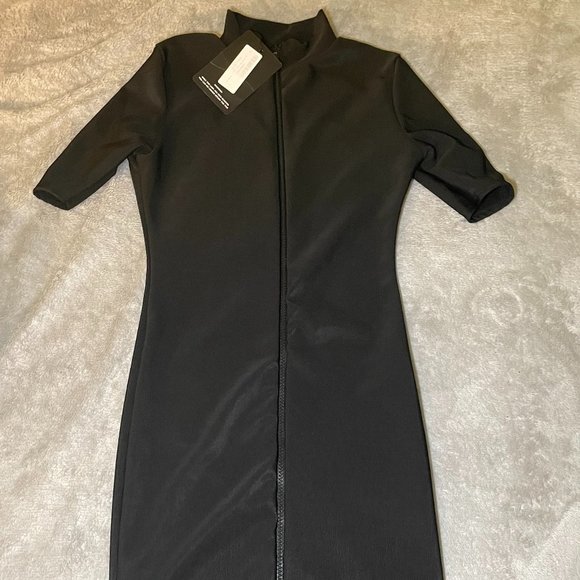 black zip front rib short sleeve bodycon dress Women's Polyester Two Piece Bodycon Dress, Ribbed Mini Pencil Skirt, V Neck